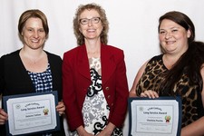 Drayton Valley Trustee Susan Kathol honours Five Year Long Service honourees: Delores Tatlow, Charlene Purcha. 