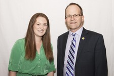 Superintendent Dr. Troy Davies (right) honours STAR Catholic School Division Edwin Parr First Year Teacher Award nominee Carissa MacIsaac (Sacred Heart School).